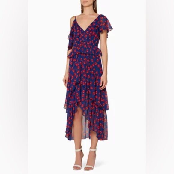 Misa Los Angeles Loulou Ruffled Midi Dress In Navy Blue And Red Print in Size S - Picture 9 of 9